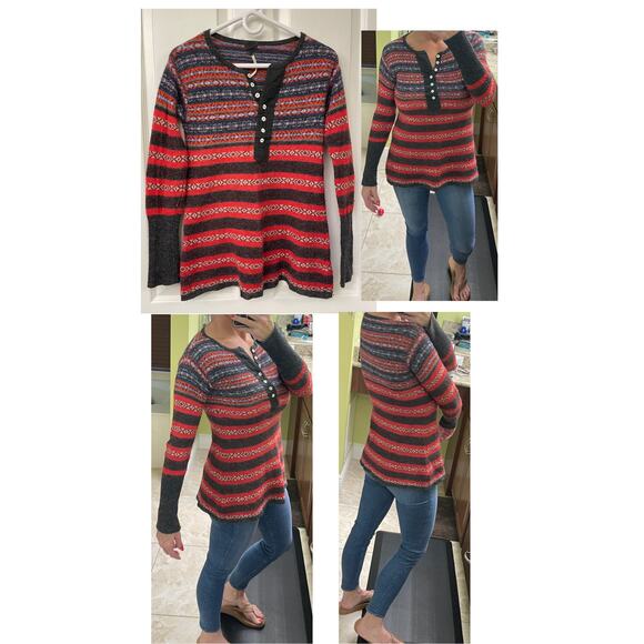Free People Wool Alpaca Blend Striped Crew Neck Geometric shirt red and black XS - Picture 8 of 8